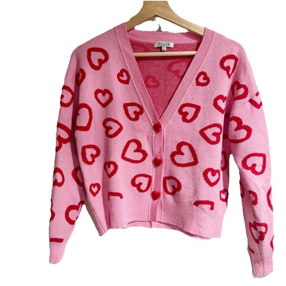 Major Label Group Valentines Pink Red Heart Cardigan Women XS - Picture 1 of 5
